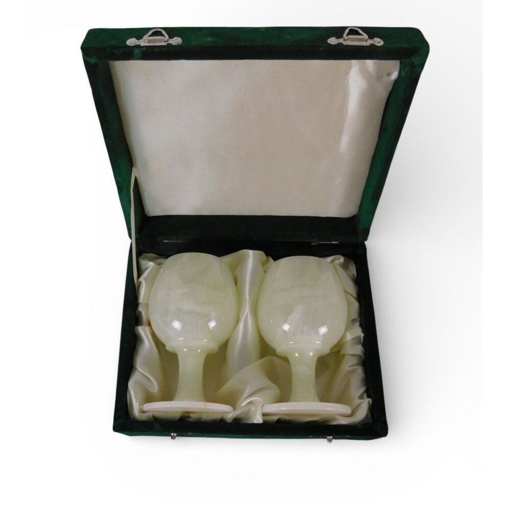 Vintage White Onyx Goblets Set of 2 w/ Green Velvet Box